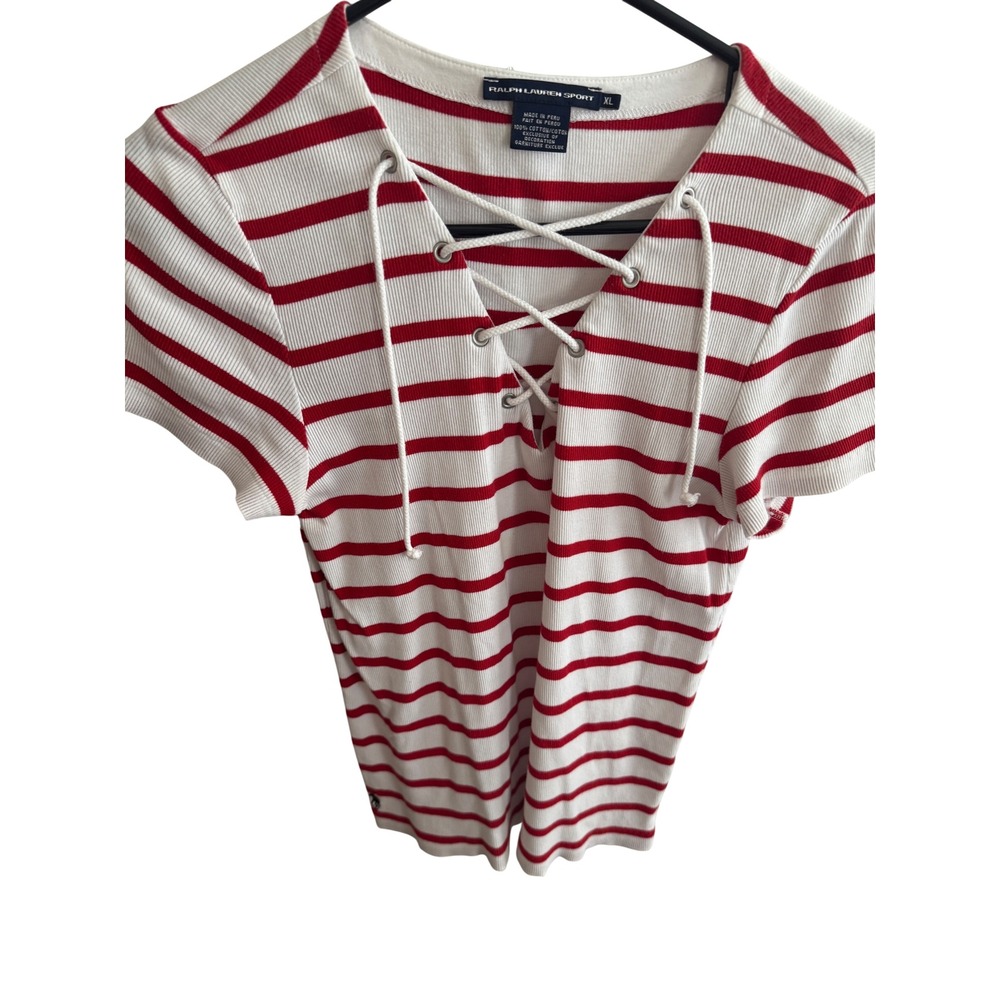 Ralph Lauren Sport Red White Striped Lace Up Ribbed Top XL Short Sleeve Pony